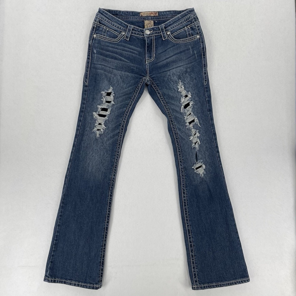 Cello Bootcut Jeans Womens 11 Blue Distressed High Rise Gemstone Y2K Style
